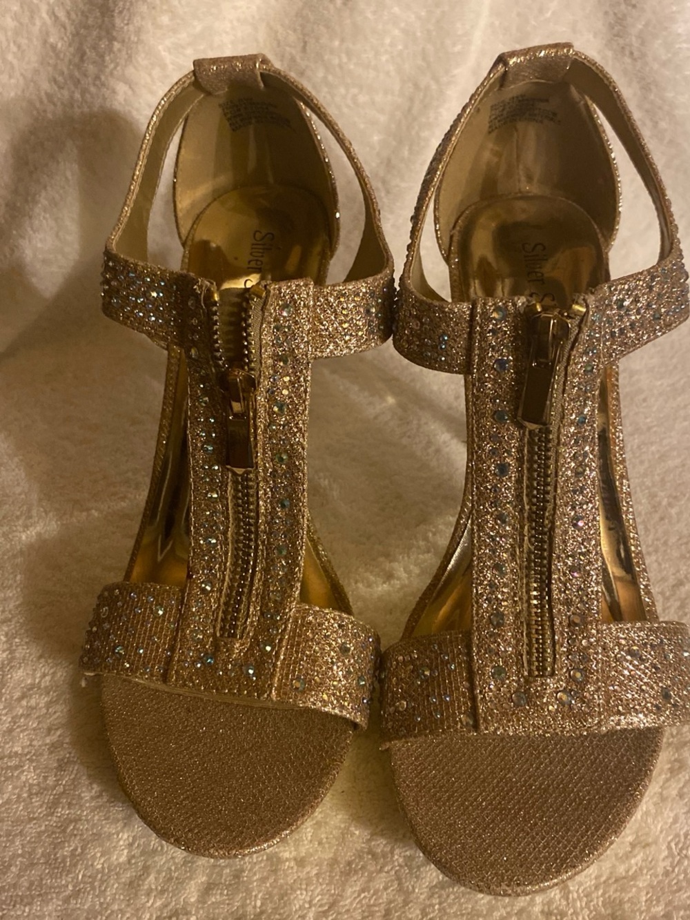 Gold Glitter T‑Strap Heels with Front Zipper - Women